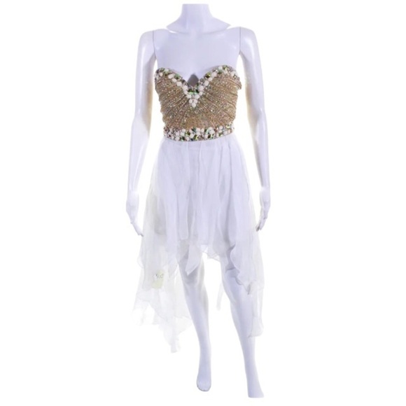 NWT Sherri Hill Dress Size 0 White Gold Rhinestone Crystal Beaded Hi Low Gown - Picture 1 of 10